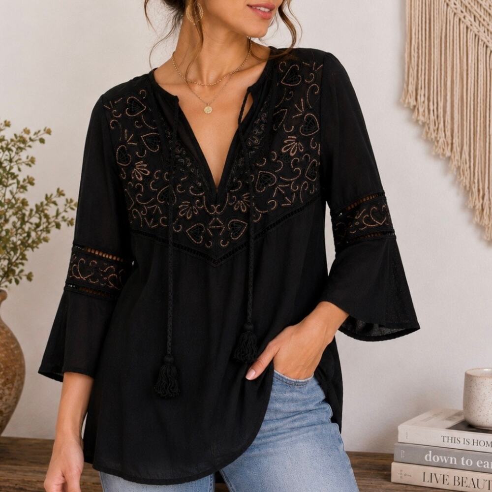Cato Boho Embroidered Bell Sleeve Tunic Top Black Festival Medium